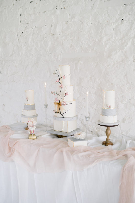 Gold leaf wedding cake, blossom wedding cake, cream and gold wedding cake, fine art dessert table, fine art wedding cake