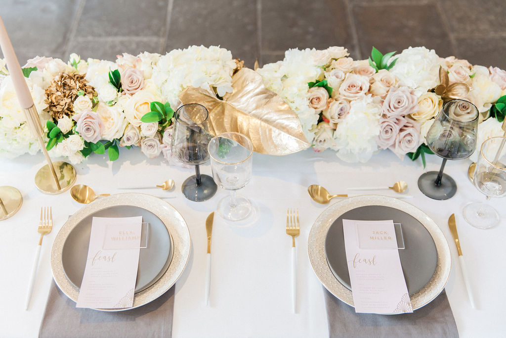 Luxury tablescape, orchid floral display, modern vintage wedding shoot style, gold plinth wedding flowers, modern art deco tablescape, wedding flower inspiration, editorial, styled shoot inspiration