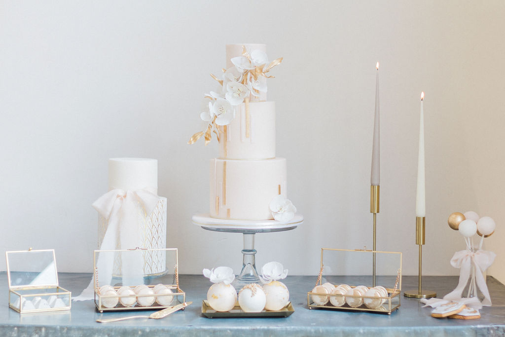 Art deco inspired wedding cake, modern vintage dessert table, wedding dessert table, bridal shoot, styled shoot inspiration