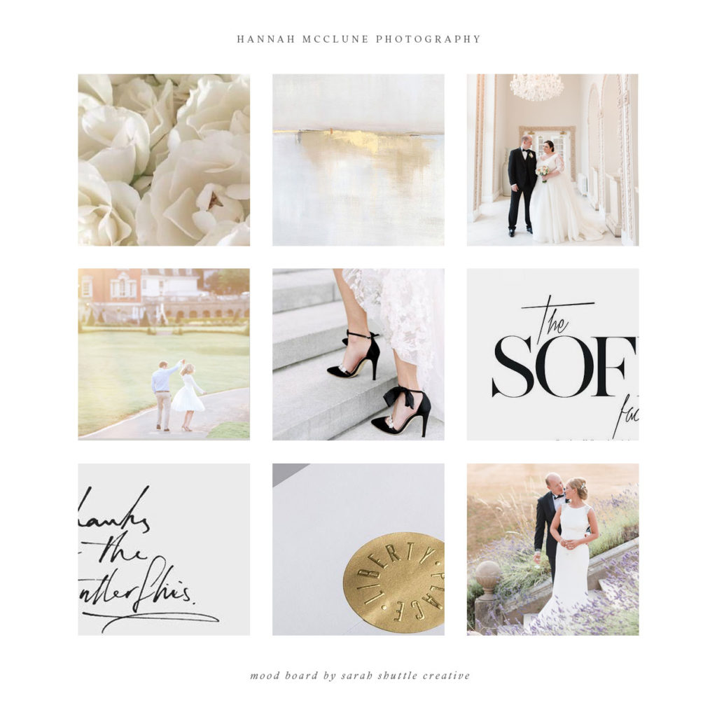 Mood board for the feminine branding and custom website of fine art wedding photographer