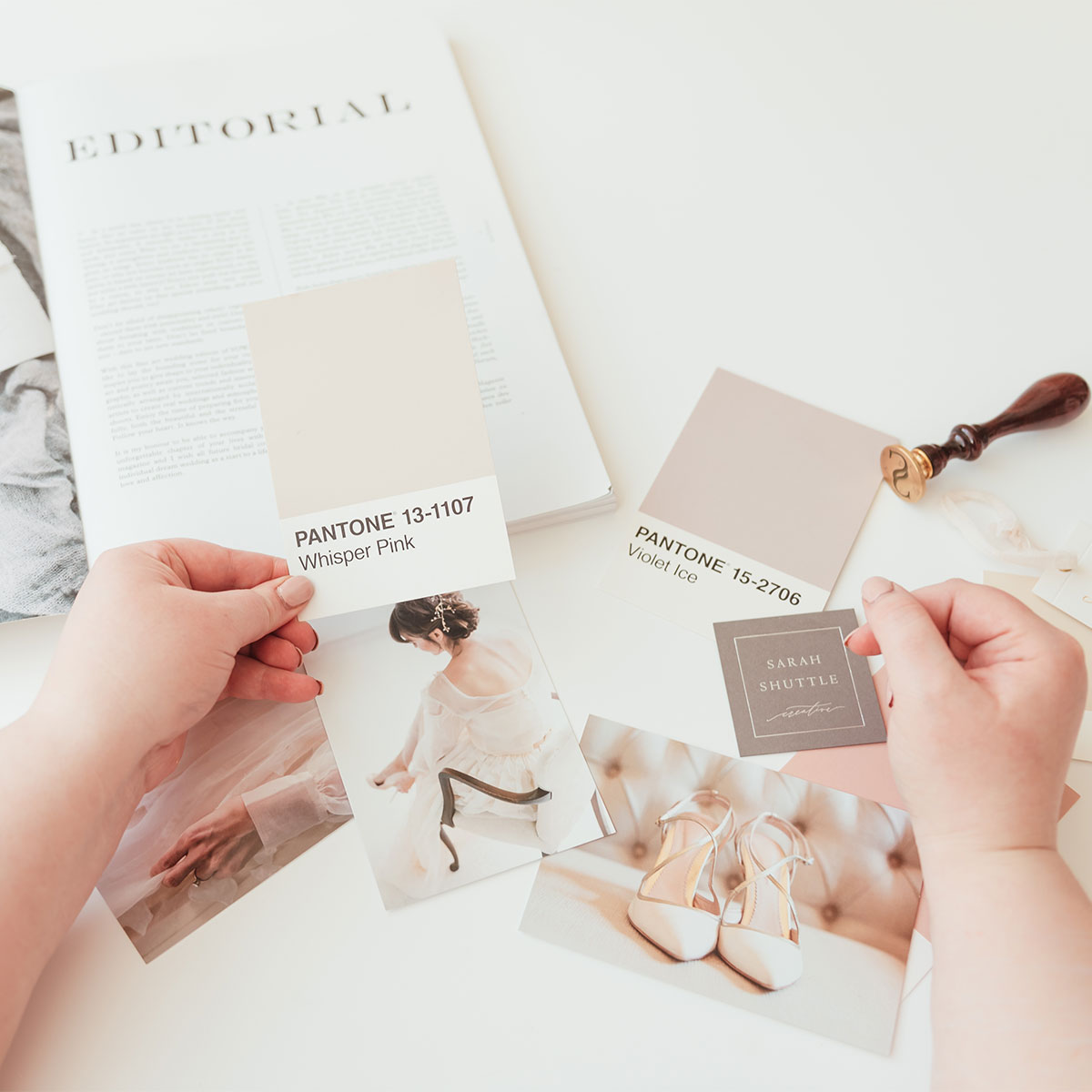 Mood board with pantone colour palette swatches, inspiration for feminine branding