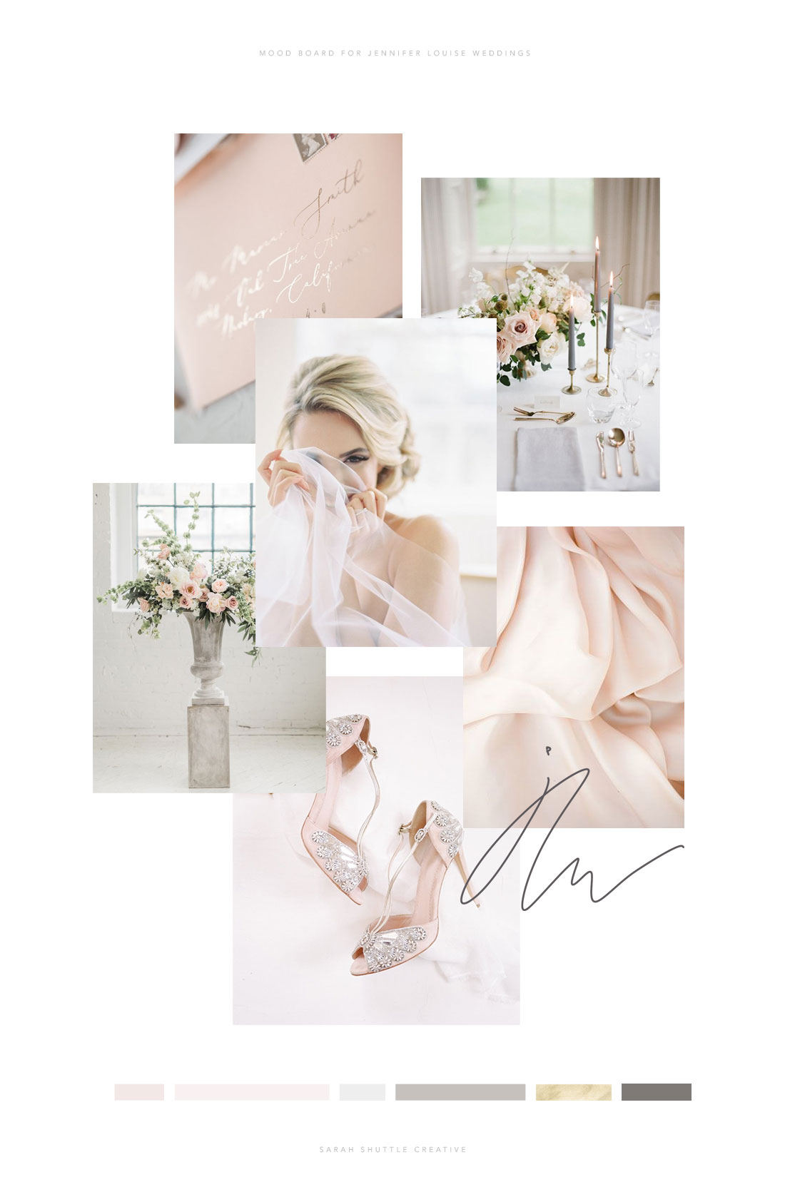 Mood board for feminine branding of wedding business with blush colour palette