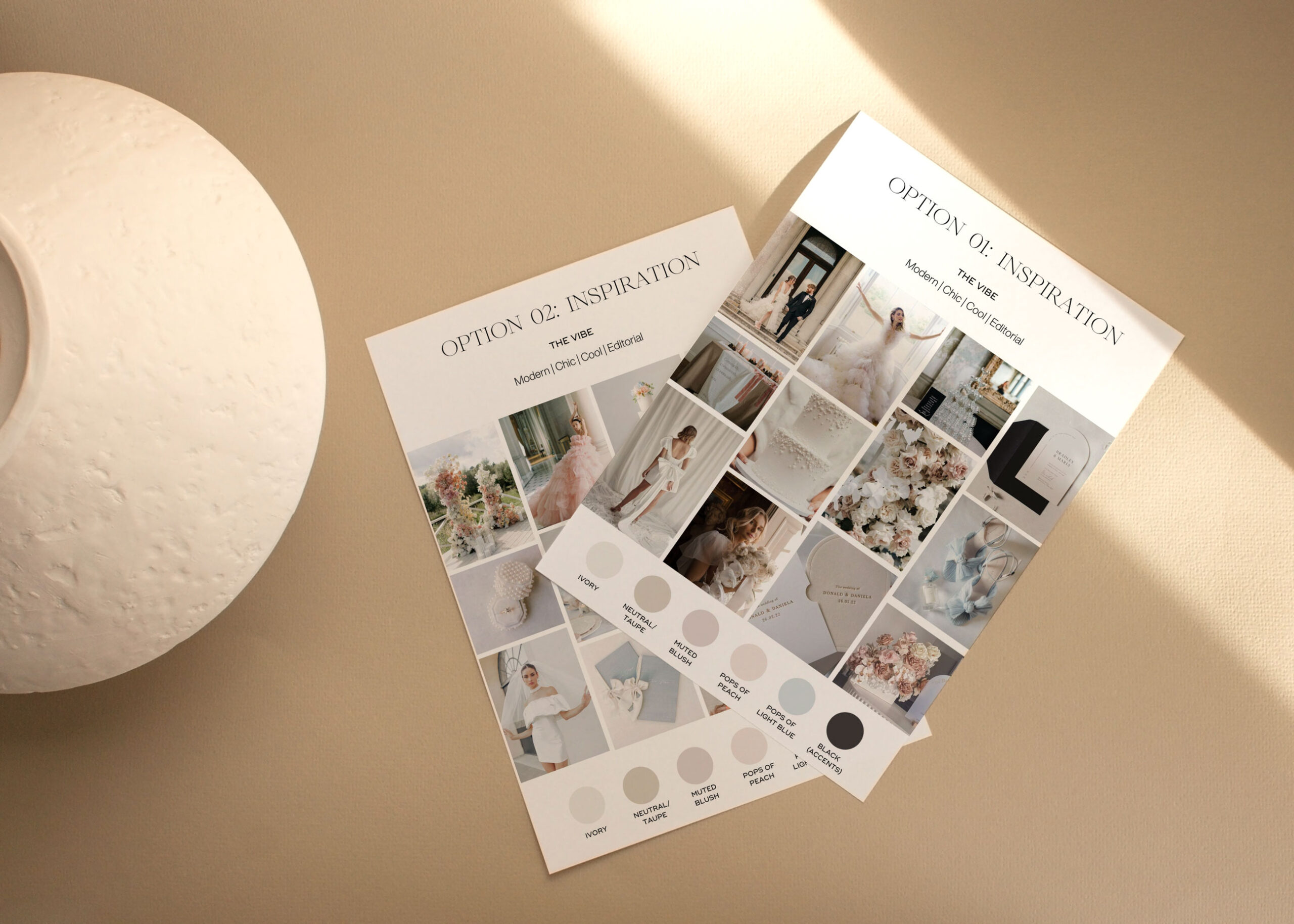 Mood board sheets created for a luxury styled shoot, showing the on-brand visual direction.