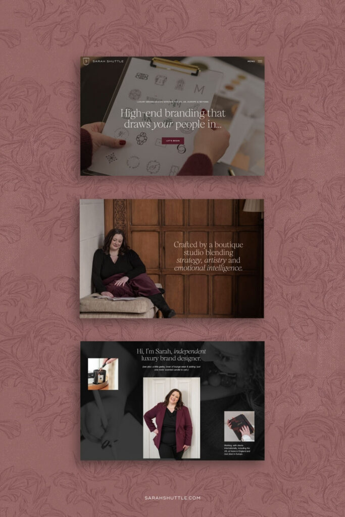 Mock up of 3 luxury website screens on pink pattern background